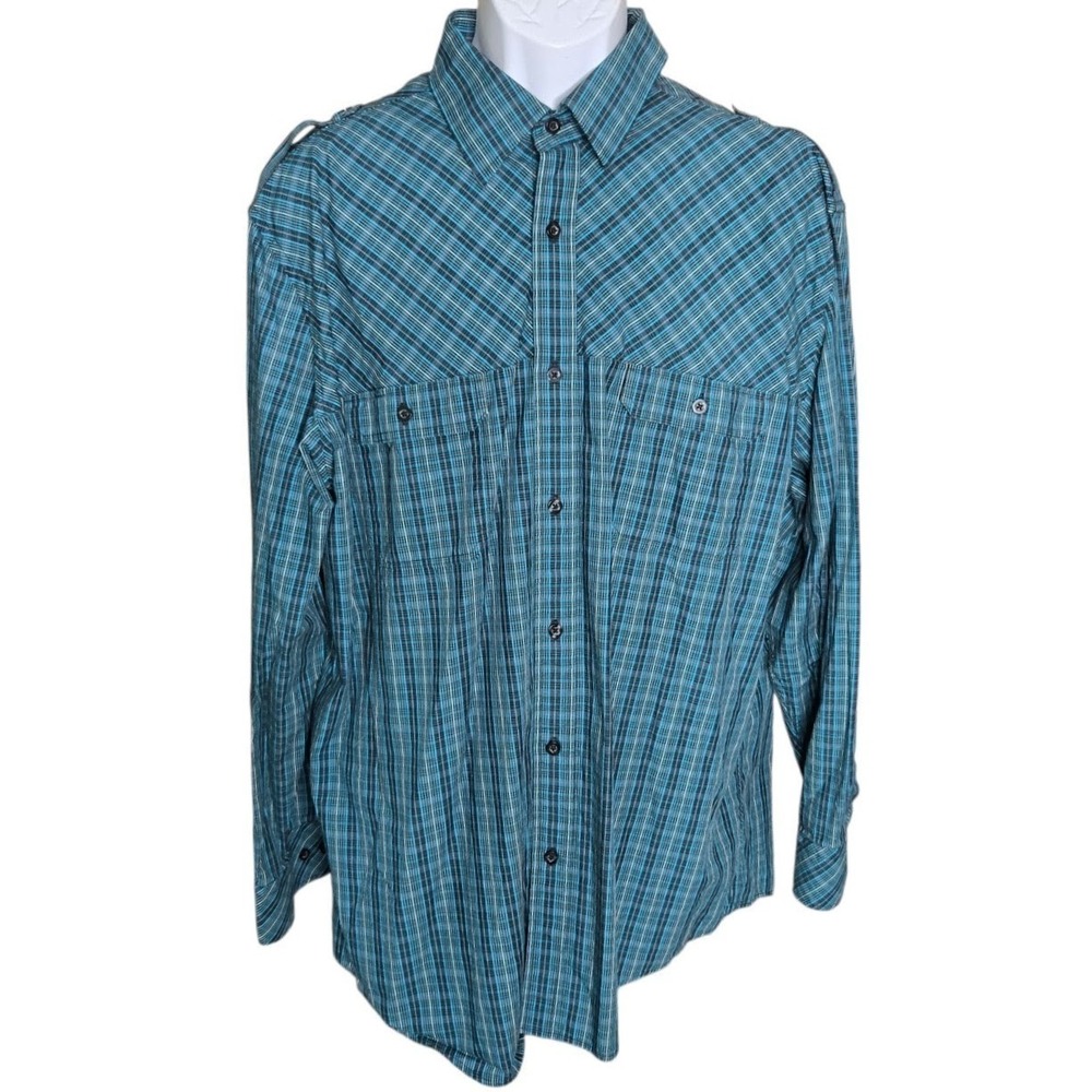 Alfani Mens Utility Plaid Shirt Size XL Workwear Teal Blue Epaulet Dual Pocket